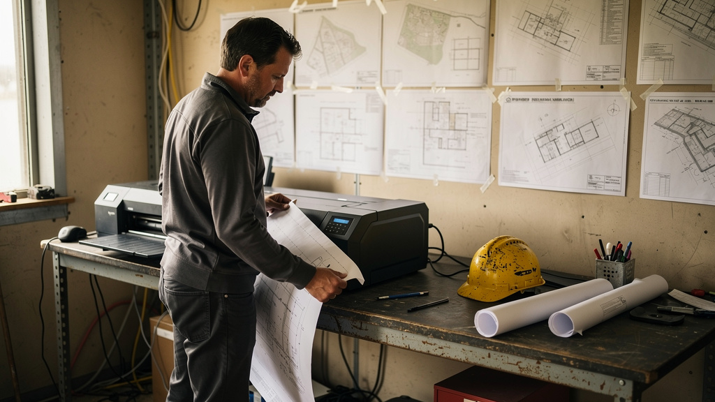 Project manager printing D-size blueprints on a wide-format plotter