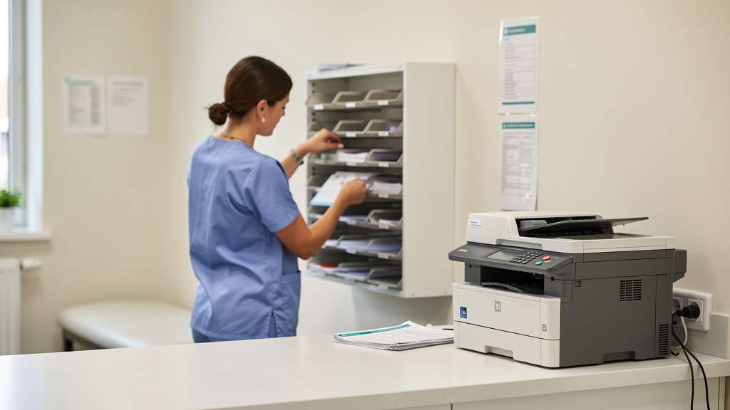 Medical office front desk with HIPAA-configured multifunction printer