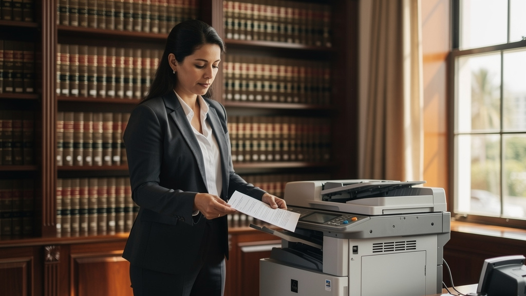 Paralegal scanning case documents on a law firm office copier